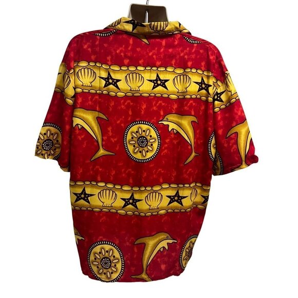 Mens Vintage Red Gold Dolphins Button Front Shirt XL Pocket Seashells Starfish - Picture 2 of 6